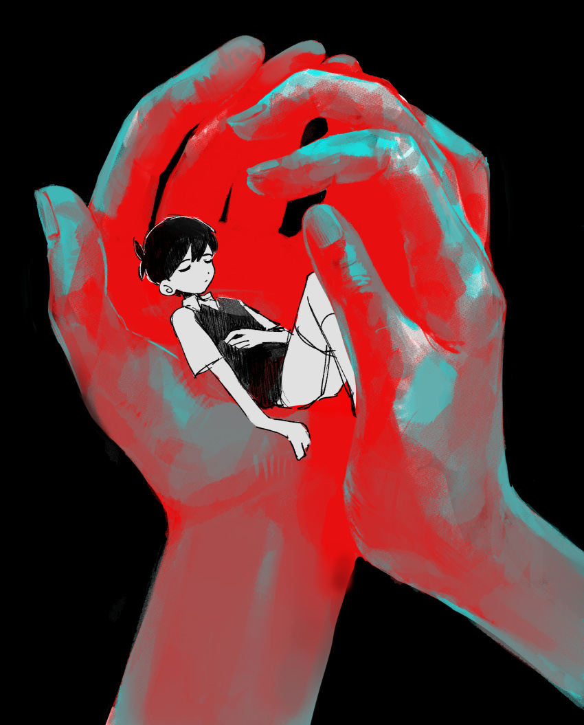 1boy black_background black_hair black_vest carrying carrying_person closed_eyes collared_shirt dot_nose expressionless from_above hand_focus hand_on_own_stomach highres in_palm knees_up lying male_focus mdmdmdmd23eng omori on_back out_of_frame pov pov_hands romaji_commentary shirt short_hair shorts size_difference sunny_(omori) vest white_shirt white_shorts