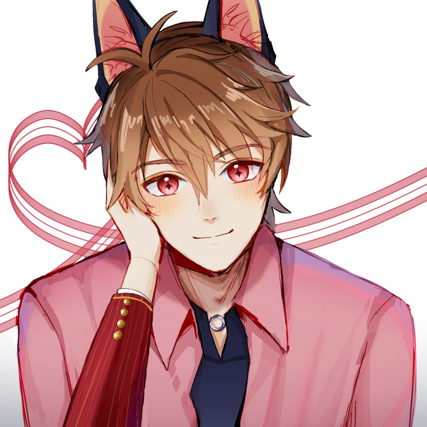 1boy 1girl animal_ears black_shirt brown_eyes brown_hair closed_mouth collared_jacket dog_ears female_pov hand_on_another's_cheek hand_on_another's_face happy_valentine heart highres jacket jewelry looking_at_viewer lsy0416 luke_pearce_(tears_of_themis) male_focus necklace pink_jacket pov pov_hands red_jacket rosa_(tears_of_themis) shirt short_hair smile solo_focus tears_of_themis upper_body valentine