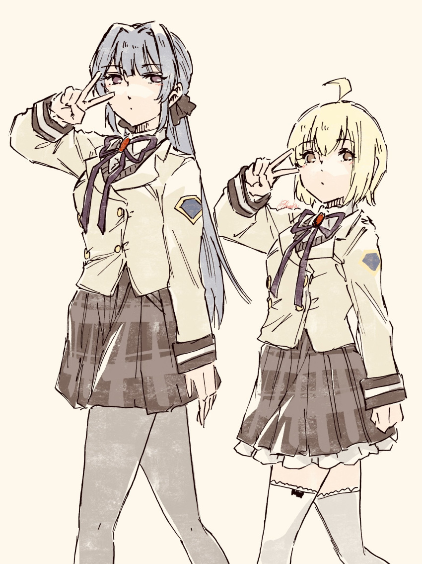 2girls ahoge arm_at_side artist_name black_ribbon blonde_hair blunt_bangs brown_background brown_eyes brown_jacket brown_skirt buttons closed_mouth collared_shirt commentary_request double-breasted feet_out_of_frame frilled_skirt frills from_side grey_hair grey_pantyhose hair_intakes hair_ribbon hand_up highres jacket light_blush long_hair long_sleeves looking_at_viewer looking_to_the_side miniskirt multiple_girls neck_ribbon otori_michiru pantyhose plaid plaid_skirt pleated_skirt ribbon school_uniform shirt short_hair shoujo_kageki_revue_starlight shoujo_kageki_revue_starlight_-re_live- shozoku simple_background skirt standing thigh-highs v v_over_eye very_long_hair violet_eyes white_shirt white_thighhighs yukishiro_akira zettai_ryouiki