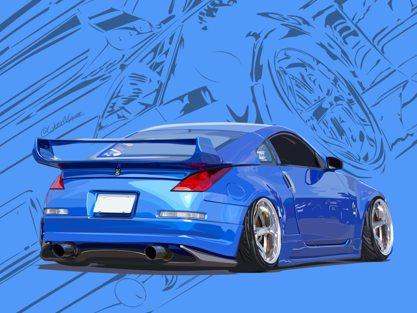 absurdres blue_theme car commission cybernipper from_behind highres motor_vehicle nissan nissan_350z nissan_fairlady_z no_humans original spoiler_(automobile) sports_car stance_(vehicle) twitter_username veilside