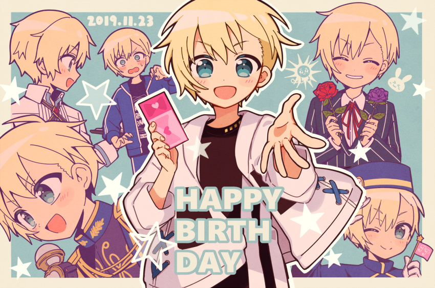 1boy 5.5 :d ^_^ black_shirt blonde_hair blue_background blue_eyes blue_jacket blue_pants border closed_eyes closed_mouth collared_shirt commentary_request cowboy_shot dated facing_viewer flower hand_up happy_birthday holding holding_flower holding_ticket idol_time_pripara jacket long_sleeves looking_at_viewer male_focus multiple_views neck_ribbon one_eye_closed open_mouth outstretched_arm pants pretty_series pripara priticket profile reaching reaching_towards_viewer red_flower red_ribbon red_rose ribbon rose shirt short_hair smile standing star_(symbol) surprised track_jacket upper_body white_jacket white_shirt yumekawa_shogo
