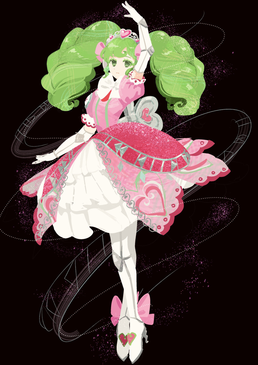 1girl absurdres arm_up black_background boots bow colored_eyelashes commentary dress elbow_gloves english_commentary expressionless falulu full_body gloves green_eyes green_hair high_heel_boots high_heels highres long_hair looking_at_viewer minyono pink_bow pink_dress pretty_series pripara puffy_short_sleeves puffy_sleeves short_sleeves sidelocks solo standing tiara twintails very_long_hair white_footwear white_gloves winding_key