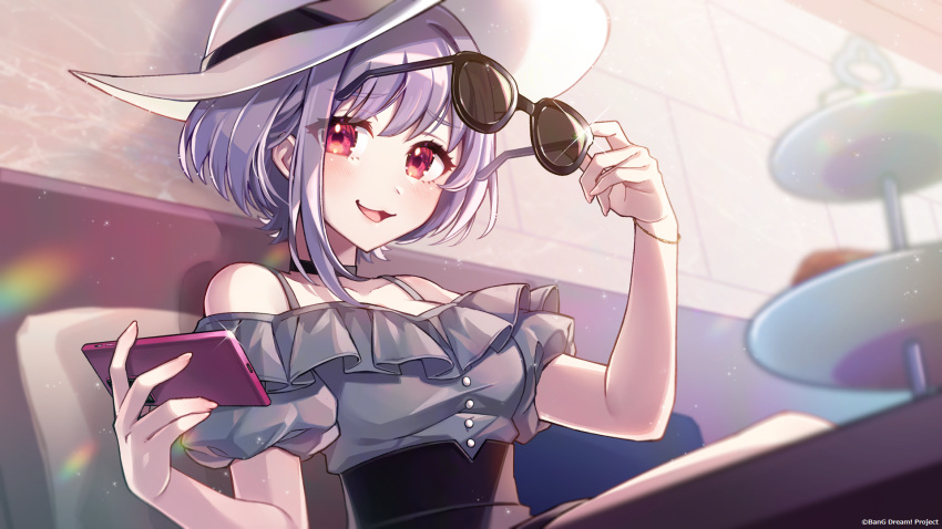 1girl :3 bang_dream! bang_dream!_it's_mygo!!!!! bare_shoulders black_choker blush breasts cellphone choker commentary_request diffraction_spikes grey_shirt guest_art hat highres holding holding_phone holding_removed_eyewear looking_at_viewer medium_breasts nou_(nounknown) off-shoulder_shirt off_shoulder official_art open_mouth phone puffy_short_sleeves puffy_sleeves purple_hair red_eyes second-party_source shirt short_hair short_sleeves single_sidelock sitting smartphone solo sun_hat sunglasses unworn_eyewear white_headwear white_shirt yuutenji_nyamu