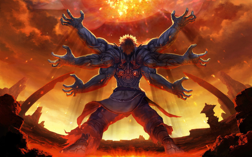1boy angry asura's_wrath asura_(asura's_wrath) clouds cyborg extra_arms fantasy fire from_behind full_body highres male_focus muscular muscular_male official_art outdoors red_sky science_fiction short_hair sky solo standing third-party_source white_hair