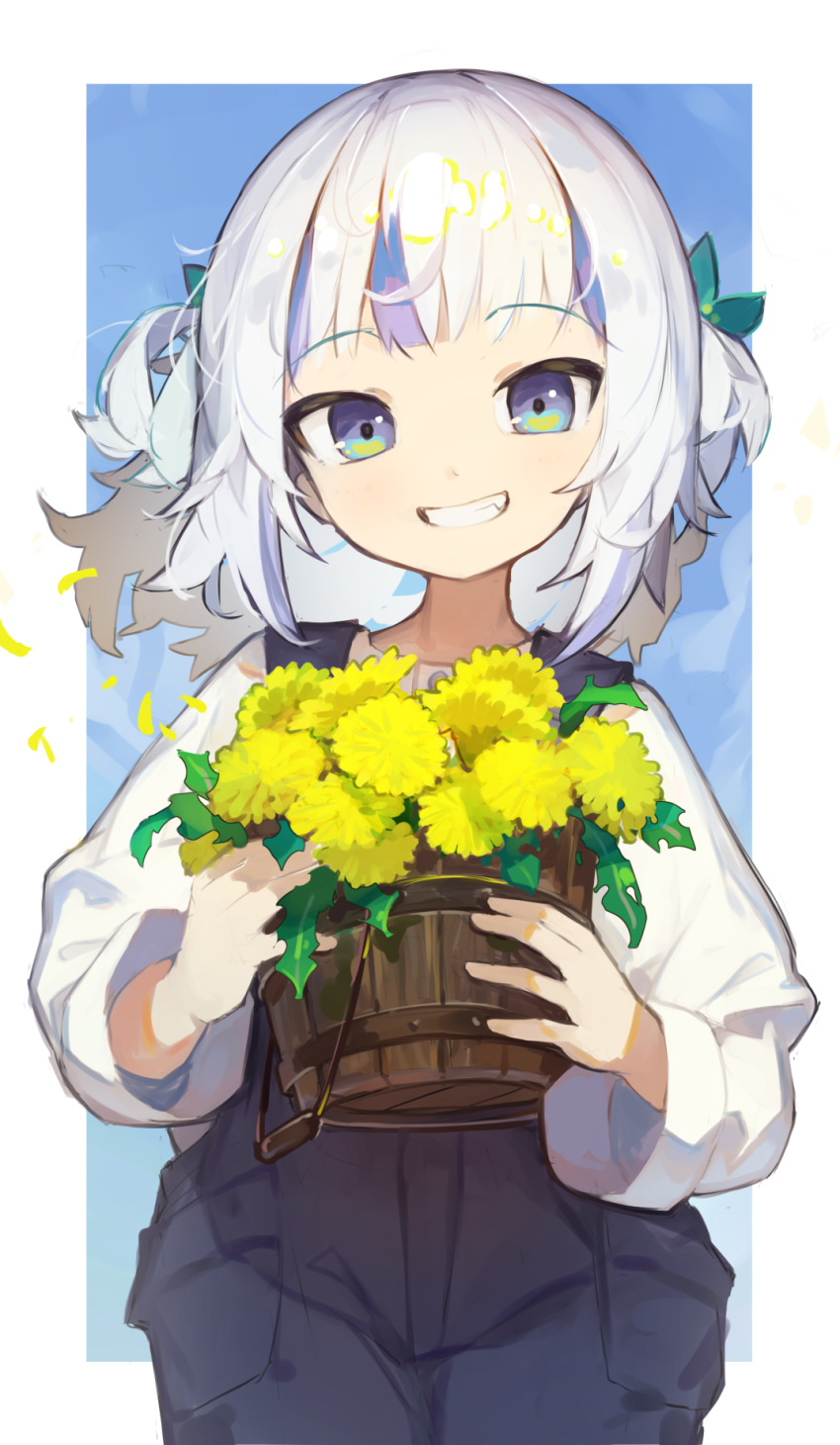 1girl alternate_costume blue_hair blue_overalls bucket fang flower gawr_gura harufude highres holding holding_bucket hololive hololive_english looking_at_viewer medium_hair multicolored_hair overalls shirt smile solo streaked_hair two_side_up virtual_youtuber white_background white_hair white_shirt