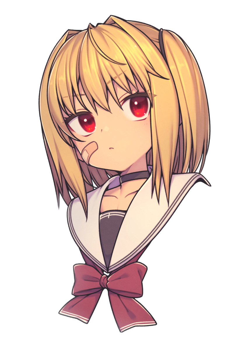1girl black_choker blonde_hair choker closed_mouth collarbone commentary cowlick dot_nose everyntrge hair_tie highres looking_to_the_side medium_hair original portrait red_eyes red_ribbon ribbon sailor_collar sidelocks simple_background solo white_background