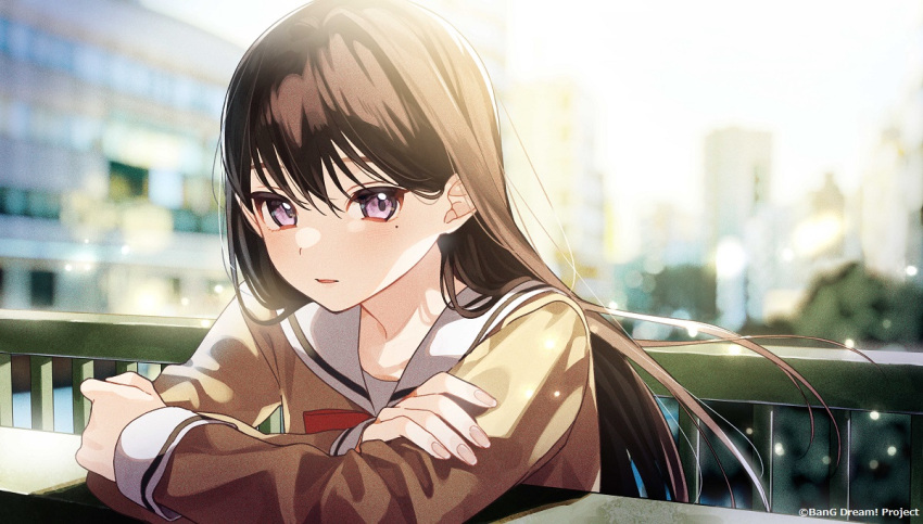 1girl bang_dream! bang_dream!_it's_mygo!!!!! black_hair blurry blurry_background blush booota brown_dress commentary_request dress floating_hair guest_art hanasakigawa_school_uniform light_particles long_hair long_sleeves looking_at_viewer mole mole_under_eye official_art outdoors parted_lips railing red_ribbon ribbon sailor_dress school_uniform second-party_source shiina_taki solo upper_body violet_eyes