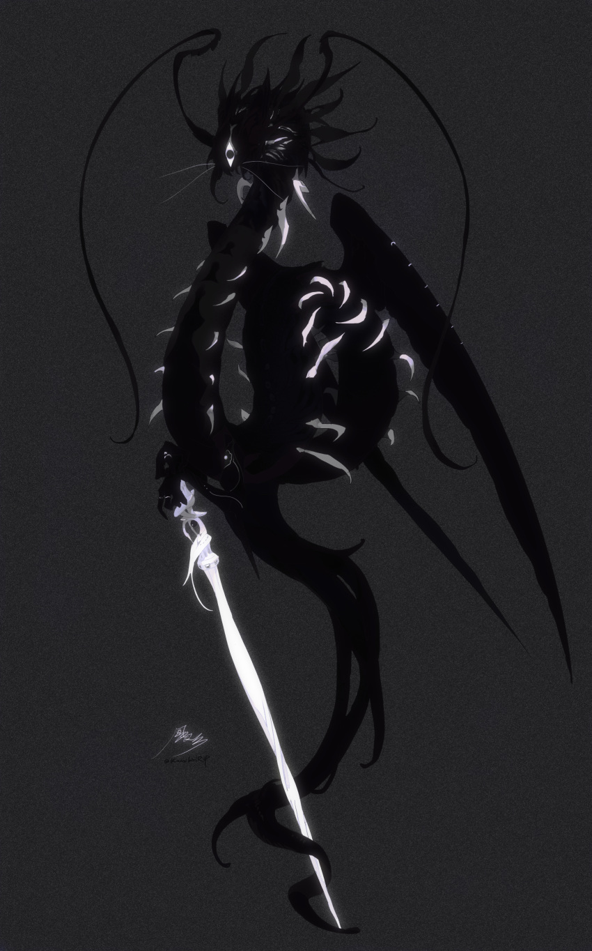 absurdres black_wings bug centipede creature full_body grey_background highres holding holding_sword holding_weapon kamikiririp monster no_humans original solo sword tail weapon wings