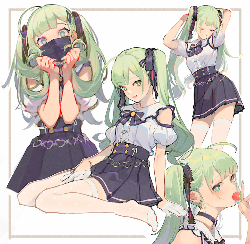 1girl ahoge alternate_costume arm_behind_head black_choker black_skirt blue_nails blunt_bangs bright_pupils choker closed_eyes clothing_cutout commentary_request fanged_bangs fingernails food food_in_mouth fruit full_body gloves green_eyes green_hair grin half_gloves hands_on_own_face hatsune_miku heart highres jirai_kei long_fingernails looking_at_viewer mask miniskirt mouth_mask multiple_views nail_polish no_shoes open_mouth pleated_skirt puffy_short_sleeves puffy_sleeves shirinda_fureiru shirt short_sleeves shoulder_cutout simple_background sitting skirt smile strawberry thigh-highs twintails vocaloid wariza white_background white_gloves white_pupils white_shirt white_thighhighs zettai_ryouiki