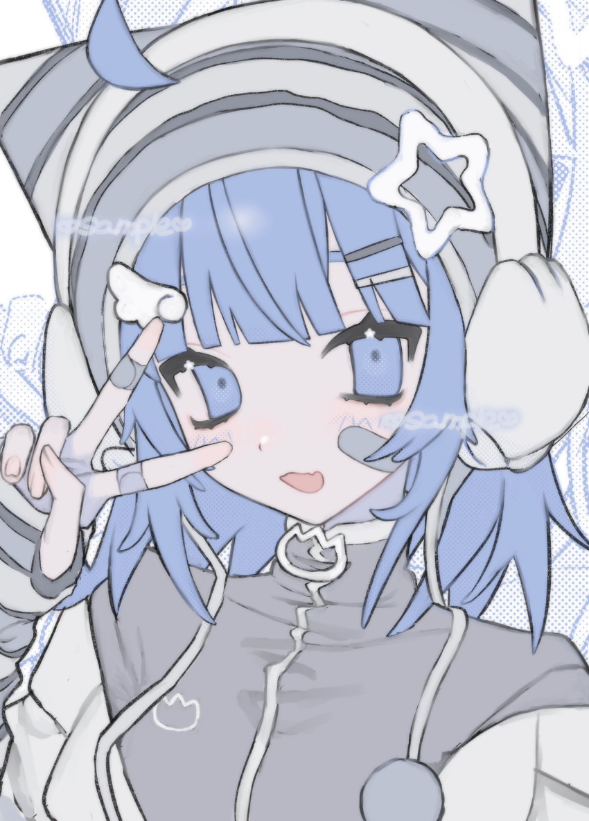1girl am314 animal_hat arm_warmers bandaid bandaid_on_hand blue_eyes blue_hair blush cat_hat earmuffs hair_ornament hairclip hat hat_ornament highres long_hair looking_at_viewer original solo star_(symbol) star_hat_ornament track_suit v v_over_eye wing_hair_ornament