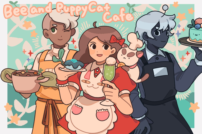 1girl 2boys ahoge alternate_costume animal_on_shoulder animal_print antennae apron astrosleep asymmetrical_hair bee_(bee_and_puppycat) bee_and_puppycat belt black_apron black_eyes blue_background blue_shirt blue_skin blue_sleeves border bow brown_belt brown_hair brown_ribbon bubble buttons cake cardamon cat cat_on_shoulder cat_print closed_mouth collar collared_dress collared_shirt colored_skin commentary copyright_name cowboy_shot cup dark-skinned_male dark_skin deckard_wizard dress drink drinking_glass english_commentary enmaided food food_request frilled_apron frills furrowed_brow green_eyes green_mittens hair_bow highres holding holding_drink holding_plate holding_tray lace_trim leaf long_hair long_sleeves looking_at_viewer maid mittens multiple_boys one_eye_closed open_mouth outside_border oven_mitts plate pocket puffy_short_sleeves puffy_sleeves puppycat red_bow red_dress red_sleeves ribbon shirt short_dress short_hair short_sleeves smile soda sparkle star_(symbol) sweatdrop tray turtleneck_shirt very_short_hair waist_ribbon white_apron white_border white_collar white_hair white_shirt white_sleeves wine_glass yellow_apron