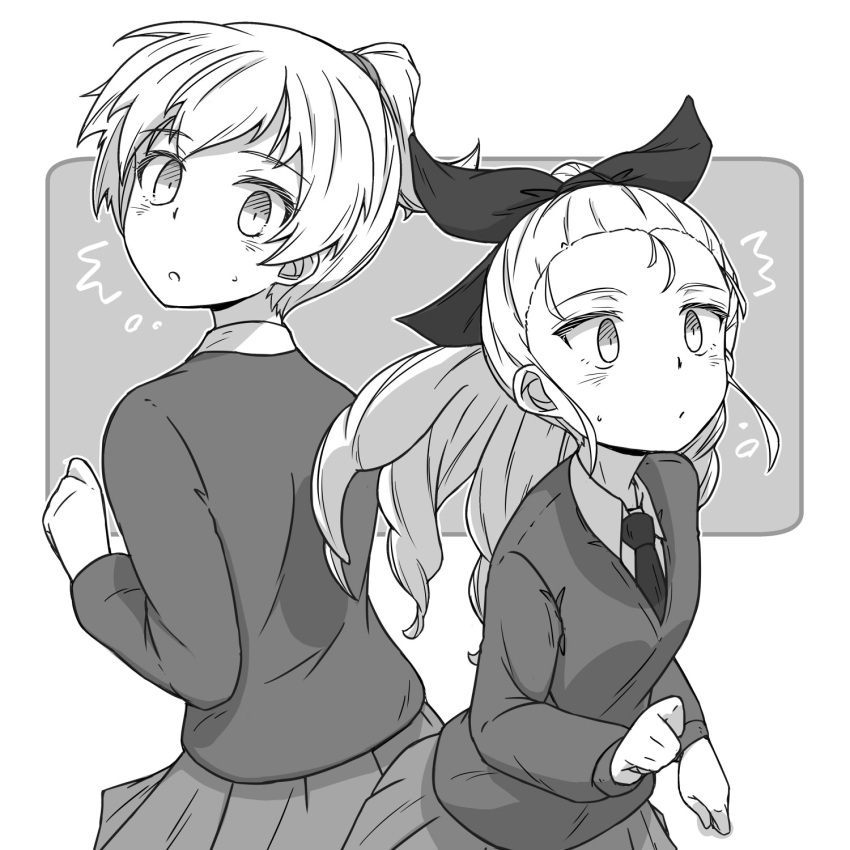 2girls ^^^ alternate_hairstyle assam_(girls_und_panzer) closed_mouth commentary_request darjeeling_(girls_und_panzer) dress_shirt flying_sweatdrops girls_und_panzer greyscale hair_pulled_back hair_ribbon hair_tie highres leaning_forward light_frown long_hair long_sleeves looking_at_viewer looking_back miniskirt monochrome multiple_girls necktie open_mouth partial_commentary pleated_skirt renshiu ribbon school_uniform shirt short_hair short_ponytail skirt st._gloriana's_school_uniform standing sweatdrop sweater v-neck wing_collar