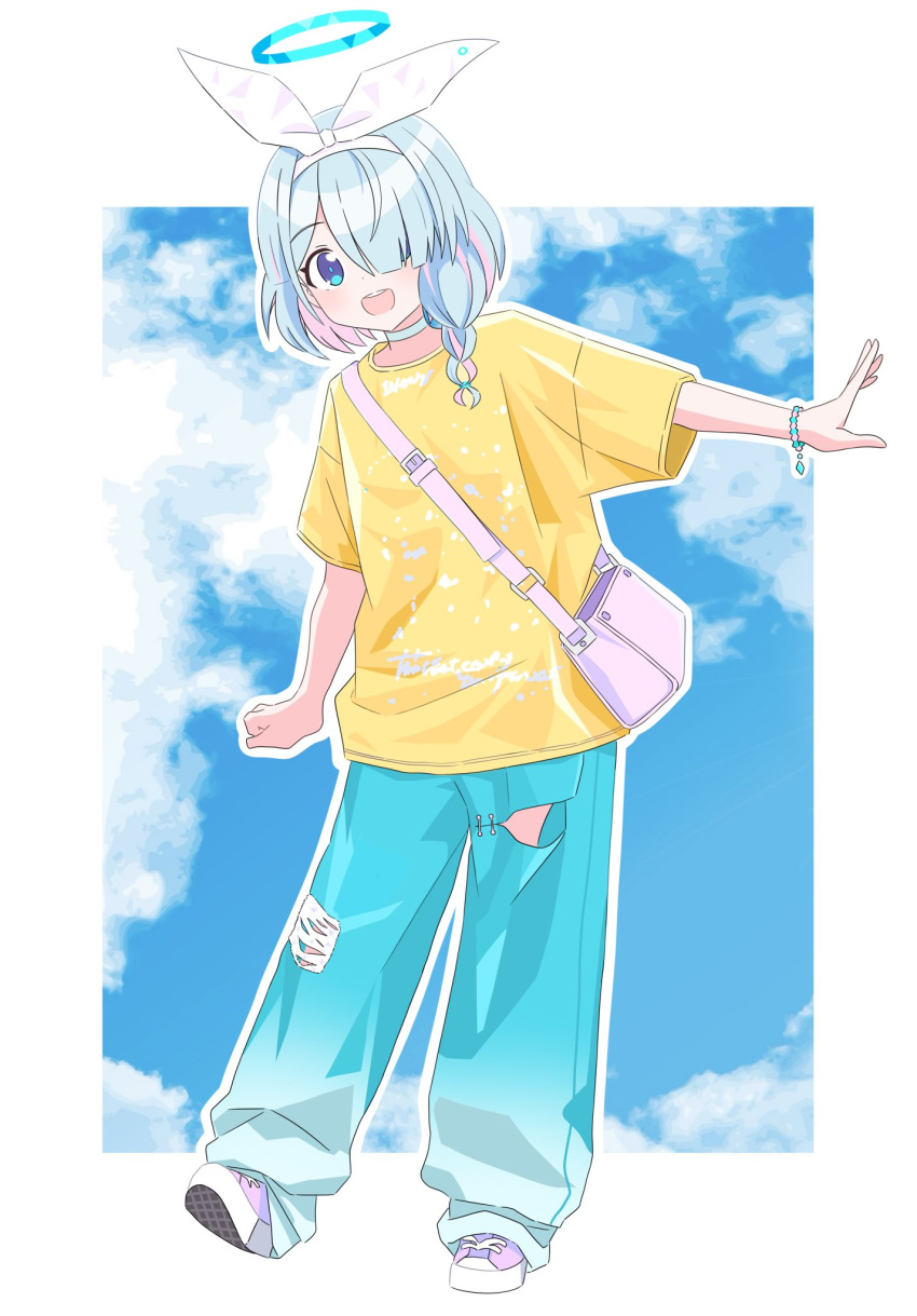 1girl arona_(blue_archive) bag baggy_pants blue_archive blue_eyes blue_hair blue_halo blue_pupils bow_hairband bracelet braid choker clouds cloudy_sky colored_inner_hair full_body hair_over_one_eye hairband halo highres jewelry kousuke0912 multicolored_hair open_mouth oversized_clothes oversized_shirt pants pink_hair shirt shoes short_hair short_sleeves shoulder_bag sky sneakers standing standing_on_one_leg white_choker white_hairband yellow_shirt