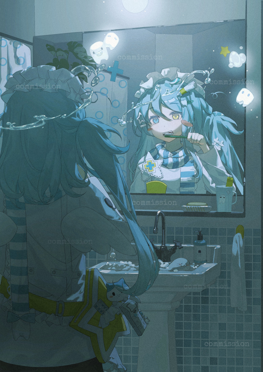 1girl absurdres bathroom belt blue_eyes blue_hair blue_scarf brushing_teeth commentary_request commission cup english_text hair_between_eyes hair_ornament heterochromia highres holding holding_toothbrush kiduki long_hair long_sleeves mug multicolored_clothes multicolored_scarf one_side_up original scarf seal_(animal) shirt shower_curtain sink solo star_(symbol) striped_clothes striped_scarf stuffed_toy teeth tooth toothbrush toothpaste water white_headdress white_scarf white_shirt yellow_belt yellow_eyes