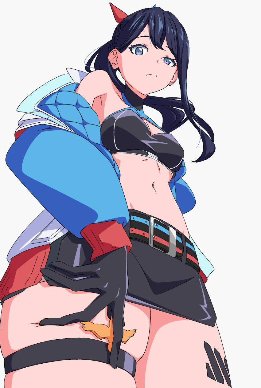 1girl absurdres belt black_gloves black_hair black_panties black_skirt blue_eyes blue_ribbon blush breasts cleavage_cutout closed_mouth clothing_cutout daidaiyaoyao floating_hair frown gloves gridman_universe gridman_universe_(film) hair_ribbon halterneck highres jacket knee_up leg_tattoo long_hair looking_at_viewer microskirt midriff multicolored_clothes multicolored_jacket official_alternate_costume open_clothes open_jacket panties ponytail redhead ribbon shiny_skin simple_background skirt solo stomach takarada_rikka tattoo thick_thighs thigh_strap thighs underwear