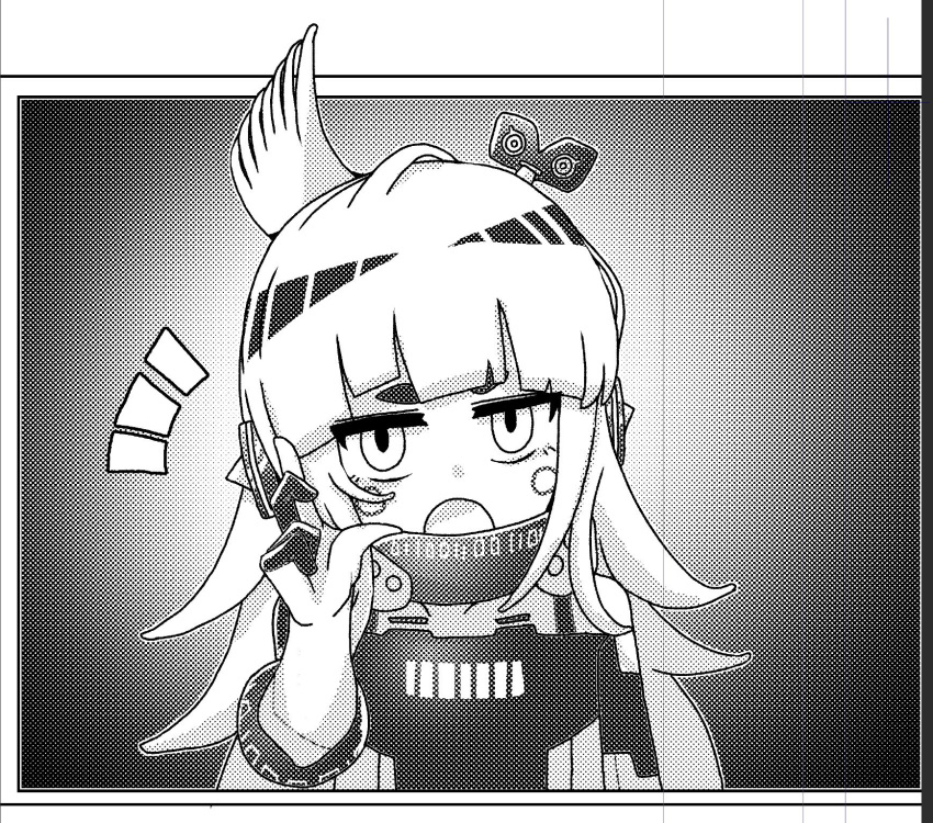 1girl and_uge bane_mk-2 binary blunt_bangs circle_facial_mark finger_counting flipped_hair greyscale halftone hand_up highres long_hair looking_at_viewer medium_bangs monochrome nanashi_inc. notice_lines open_mouth solo thick_eyebrows upper_body virtual_youtuber winding_key