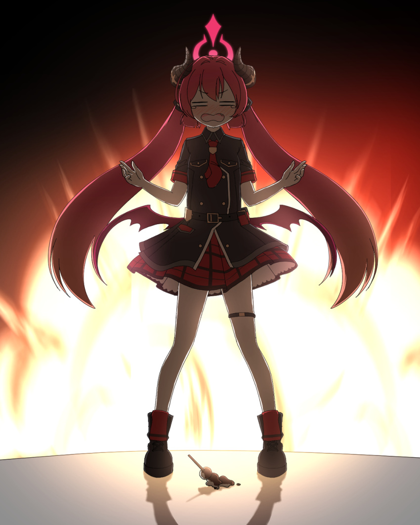 1girl black_footwear black_horns black_jacket blue_archive blush brown_wings demon_horns demon_wings food full_body halo highres horns jacket junko_(blue_archive) long_hair nanju_bami open_mouth pleated_skirt red_halo red_skirt redhead shoes short_sleeves skirt solo standing tears thigh_strap twintails wings