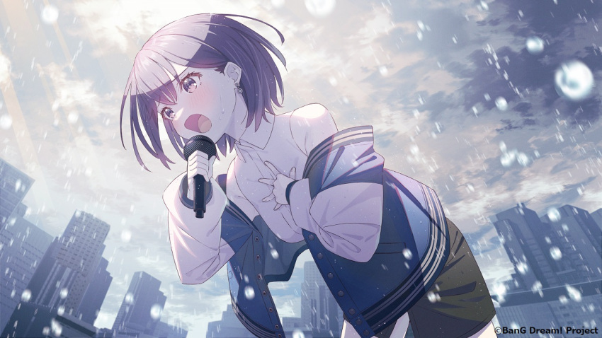 1girl bang_dream! bang_dream!_it's_mygo!!!!! bare_shoulders blush brown_eyes brown_hair cityscape clouds cloudy_sky collared_shirt commentary_request copyright_notice earrings grey_hair guest_art hand_on_own_chest jacket jewelry koh_rd long_sleeves microphone off_shoulder official_art open_mouth rain second-party_source shirt short_hair sky sleeveless sleeveless_shirt snowing solo takamatsu_tomori white_shirt yellow_eyes