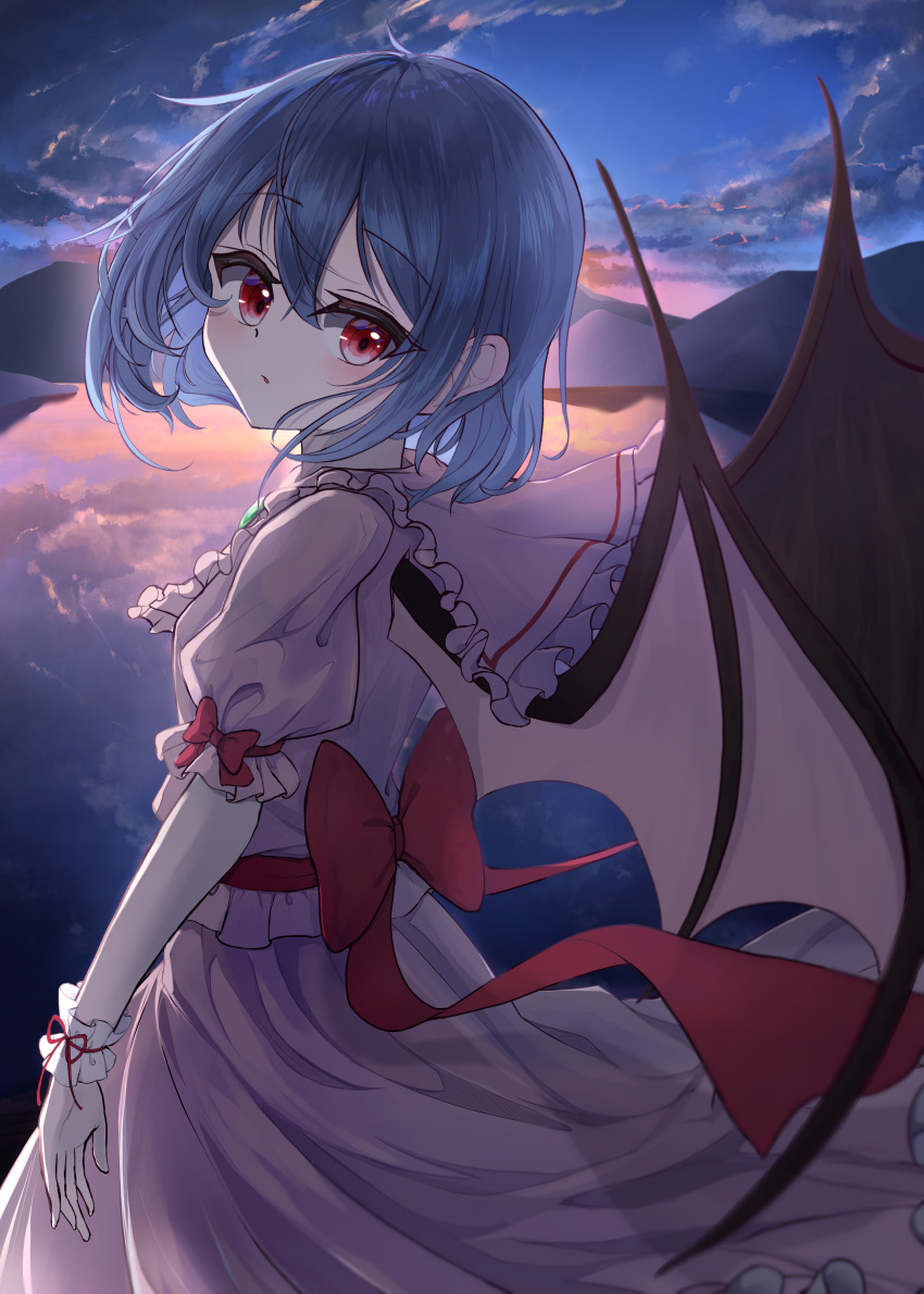 1girl absurdres arm_at_side back_bow backlighting bat_wings blue_hair blue_sky blush bow clouds commentary_request cowboy_shot eyelashes floating_hair frilled_shirt_collar frilled_wrist_cuffs frills from_side hair_between_eyes highres hoshikage_syo lake looking_at_viewer mountainous_horizon no_headwear outdoors parted_lips pink_shirt pink_skirt puffy_short_sleeves puffy_sleeves red_bow red_eyes remilia_scarlet shirt short_hair short_sleeves skirt sky sleeve_bow solo sunrise touhou wings wrist_cuffs