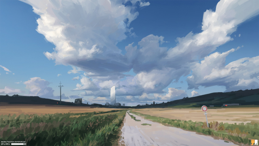 blue_sky building clouds day dirt_road highres no_humans original outdoors road road_sign scenery sign sky yucong_tang