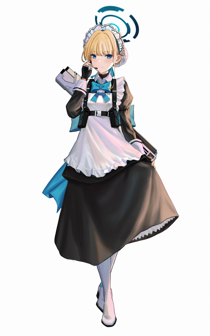 1girl absurdres apron aqua_bow aqua_bowtie aqua_ribbon back_bow black_dress black_gloves blonde_hair blue_archive blue_eyes blue_halo bow bowtie closed_mouth collared_dress dress fingerless_gloves frilled_apron frills full_body gaai gloves hair_bun hair_intakes hair_ribbon halo hand_on_own_ear hand_up highres light_smile long_dress long_sleeves looking_at_viewer maid maid_apron maid_headdress microphone pantyhose pouch ribbon short_hair simple_background skirt_hold solo split_mouth standing toki_(blue_archive) weapon weapon_on_back white_apron white_background white_pantyhose