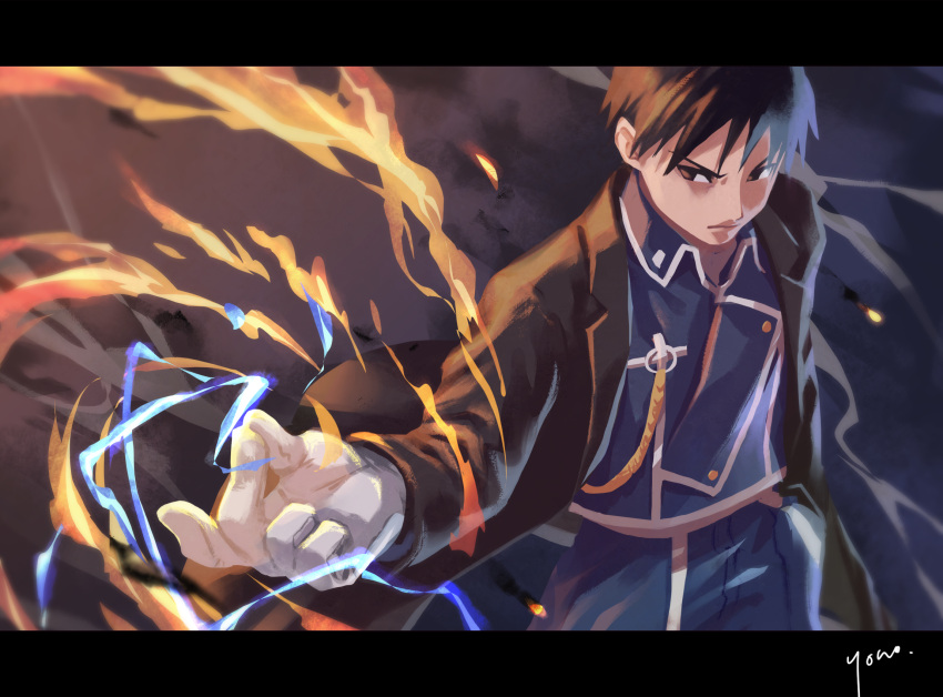 1boy arm_at_side black_border black_coat black_eyes black_hair blue_jacket border closed_mouth coat collared_jacket commentary_request fighting_stance fire floating_clothes foreshortening fullmetal_alchemist gloves highres jacket long_sleeves looking_at_viewer military_uniform outstretched_arm pyrokinesis roy_mustang serious short_hair signature solo spiky_hair uniform v-shaped_eyebrows white_gloves yono_999