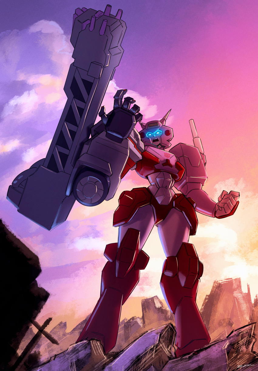 1girl absurdres autobot blue_eyes clenched_hand clouds cosmikaizer elita_one fusion glowing glowing_eyes highres looking_up mecha megaempress no_humans open_hand parody robot rubble scene_reference science_fiction sky solo transformers transformers_(skybound)