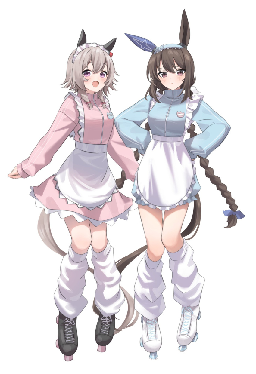 2girls :d admire_vega_(umamusume) animal_ears apron black_footwear blue_jacket bow braid brown_hair curren_chan_(umamusume) ear_bow ear_covers full_body grey_hair highres horse_ears horse_girl horse_tail inline_skates jacket katuko_deluxe long_hair long_sleeves looking_at_viewer loose_socks low_twin_braids maid_apron multiple_girls official_alternate_hairstyle pink_jacket pink_skirt red_bow roller_skates short_hair simple_background single_ear_cover skates skirt smile socks tail track_jacket twin_braids umamusume umamusume:_road_to_the_top violet_eyes white_apron white_background white_footwear white_socks