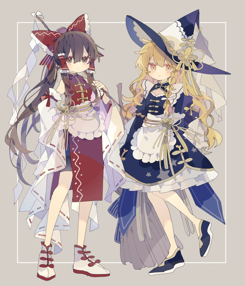 2girls absurdres adapted_costume apron blonde_hair blue_dress blue_footwear blue_headwear bow braid brown_eyes brown_hair closed_mouth commentary_request detached_sleeves dress frilled_hair_tubes frills full_body gohei grey_background hair_tubes hakurei_reimu hand_on_own_hip hand_up hat highres holding holding_gohei kirisame_marisa long_hair long_sleeves looking_at_viewer multiple_girls nikorashi-ka red_bow red_skirt red_vest ribbon-trimmed_sleeves ribbon_trim shoes simple_background single_braid skirt smile touhou very_long_hair vest white_apron white_footwear white_sleeves wide_sleeves witch_hat yellow_eyes