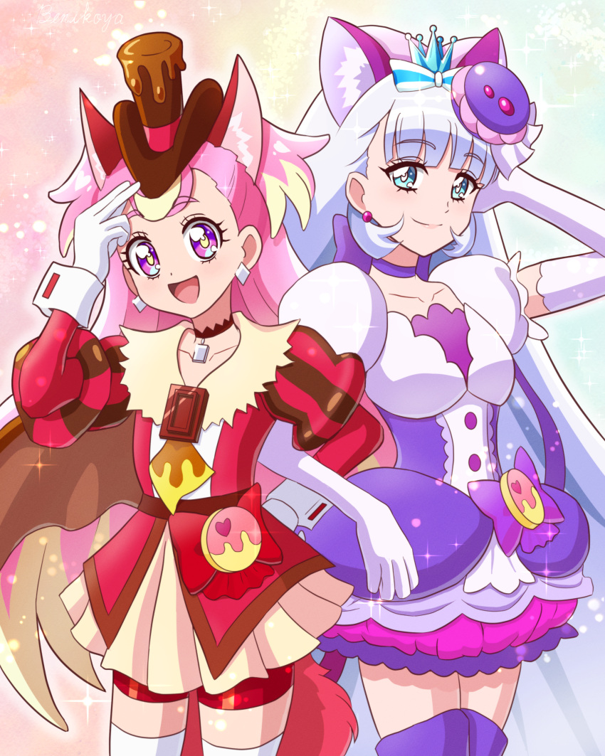 2girls absurdres adjusting_clothes adjusting_headwear animal_ears aqua_eyes artist_name benikoya bike_shorts black_choker black_headwear blonde_hair boots bow cat_ears choker closed_mouth coat commentary cosplay cowboy_shot crown cure_chocolat cure_chocolat_(cosplay) cure_macaron cure_macaron_(cosplay) cure_nyammy cure_wonderful dog_ears dress dress_bow earrings elbow_gloves fake_animal_ears food food-themed_hair_ornament gloves hair_ornament hand_in_own_hair hat highres inukai_komugi jewelry juliet_sleeves kirakira_precure_a_la_mode locked_arms long_hair long_sleeves macaron mini_crown multiple_girls nekoyashiki_yuki open_mouth pink_hair pouch precure puffy_short_sleeves puffy_sleeves purple_choker purple_dress purple_footwear red_coat red_shorts short_dress short_sleeves shorts side-by-side signature smile standing thigh-highs thigh_boots top_hat trait_connection two_side_up violet_eyes white_gloves white_hair white_thighhighs wonderful_precure!