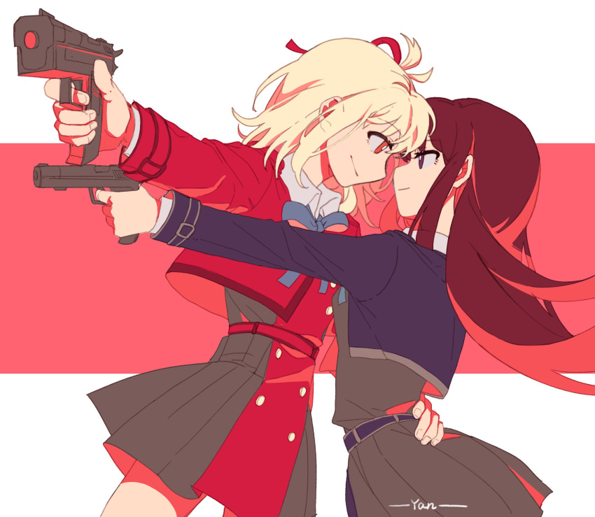 2girls blonde_hair brown_hair chinese_commentary closed_mouth commentary_request dress eye_contact grey_skirt gun hair_ribbon hand_on_another's_waist handgun highres holding holding_gun holding_weapon inoue_takina long_hair long_sleeves looking_at_another lycoris_recoil lycoris_uniform medium_hair multiple_girls nishikigi_chisato pleated_skirt red_background red_dress red_eyes red_ribbon ribbon skirt smile two-tone_background violet_eyes weapon white_background yanlingjinshilihuahua yuri