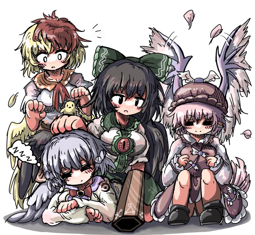 4girls angel_wings animal_ears arm_cannon bird bird_ears bird_on_hand bird_tail bird_wings black_wings blonde_hair blush bow bowtie braid brown_dress brown_headwear chick chicken closed_eyes commentary_request dress eye20806972 falling_feathers feathered_wings feathers french_braid girl_on_top green_bow green_skirt grey_wings hair_bow hat highres kishin_sagume long_hair long_sleeves lying multicolored_hair multiple_girls mystia_lorelei niwatari_kutaka on_stomach open_mouth pink_hair red_bow red_bowtie redhead reiuji_utsuho shirt short_hair short_sleeves single_wing sitting skirt sleeping smile tail third_eye touhou two-tone_hair very_long_hair weapon white_shirt winged_hat wings yellow_wings zzz