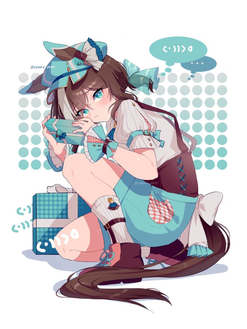 1girl alternate_costume animal_ears blue_eyes blue_headwear blue_shorts blush bow box brown_footwear brown_hair cheval_grand_(umamusume) ear_covers ears_through_headwear from_side gift gift_box highres holding holding_box horse_ears horse_girl horse_tail long_sleeves looking_at_viewer looking_to_the_side multicolored_hair puffy_short_sleeves puffy_sleeves renma_(renma_0503) shirt short_sleeves shorts socks solo streaked_hair tail umamusume white_bow white_shirt white_socks