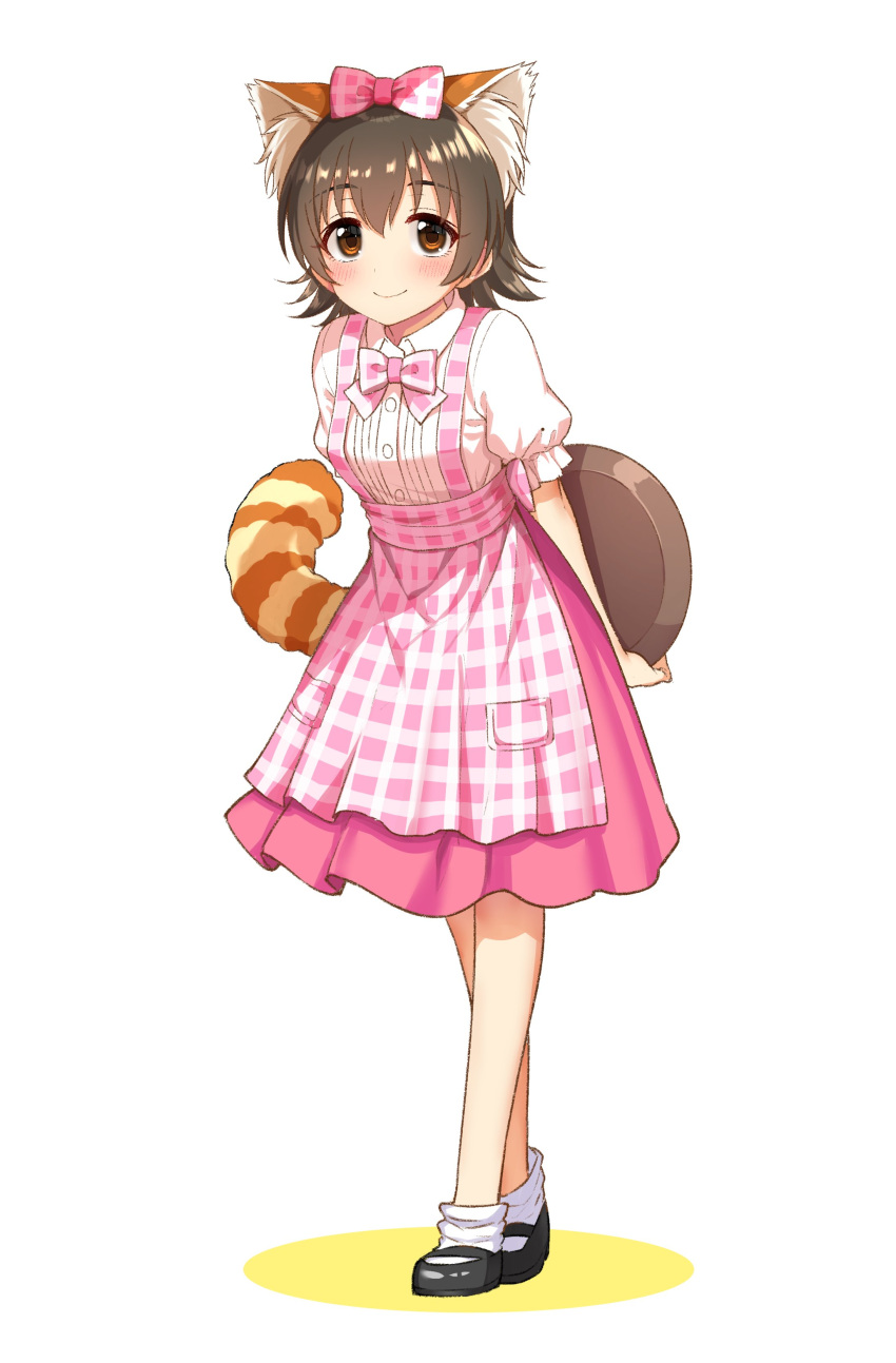 1girl absurdres akagi_miria animal_ear_fluff animal_ears apron arms_behind_back black_hair blush bow bowtie breasts brown_eyes closed_mouth dot_nose fake_animal_ears fake_tail full_body go-1 hair_bow hair_ribbon highres holding holding_tray idolmaster idolmaster_cinderella_girls idolmaster_cinderella_girls_starlight_stage looking_at_viewer mary_janes pink_apron pink_bow pink_bowtie pink_ribbon pink_skirt plaid plaid_apron puffy_short_sleeves puffy_sleeves raccoon_ears raccoon_tail ribbon shirt shoes short_hair short_sleeves simple_background skirt small_breasts smile socks solo standing tail tray white_background white_shirt white_socks