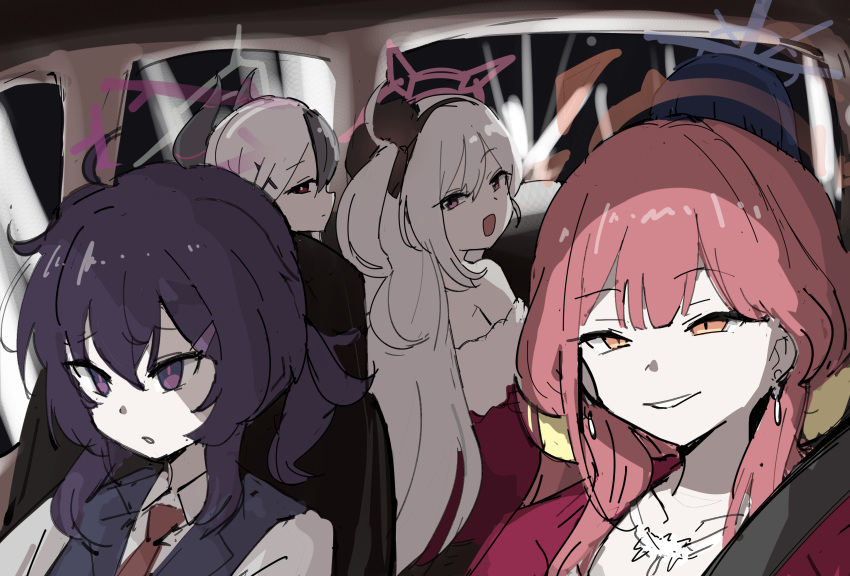 5girls aru_(blue_archive) aru_(dress)_(blue_archive) blue_archive car_interior driving halo haruka_(blue_archive) haruka_(suit)_(blue_archive) highres kayoko_(blue_archive) looking_ahead looking_back meme multiple_girls mutsuki_(blue_archive) mutsuki_(dress)_(blue_archive) official_alternate_costume orange_eyes problem_solver_68_(blue_archive) purple_hair redhead saori_(blue_archive) scene_reference smile tenten_(chan4545) violet_eyes white_hair