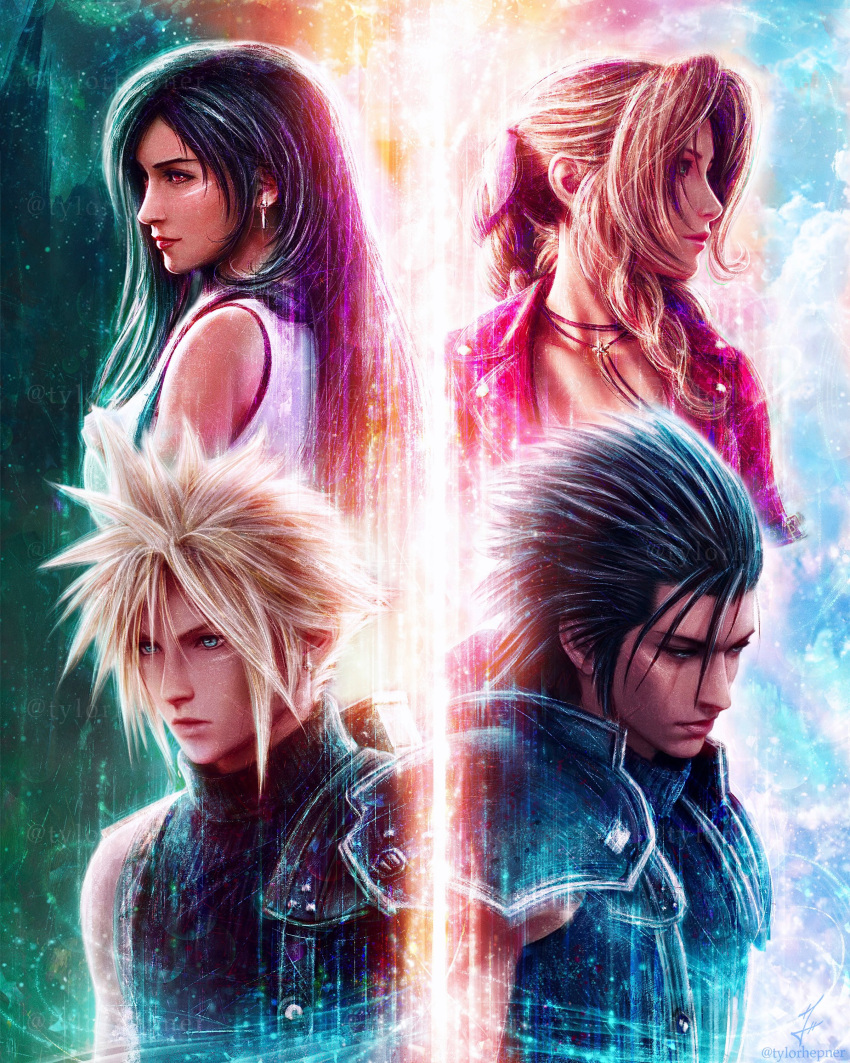 2boys 2girls absurdres aerith_gainsborough armor bare_shoulders black_hair blonde_hair blue_eyes breasts brown_hair buster_sword choker closed_mouth cloud_strife commentary earrings english_commentary final_fantasy final_fantasy_vii final_fantasy_vii_rebirth final_fantasy_vii_remake from_side green_eyes hair_ribbon hair_slicked_back highres jacket jewelry large_breasts long_hair multiple_boys multiple_girls parted_bangs pink_ribbon profile red_eyes red_jacket ribbon short_hair shoulder_armor single_bare_shoulder single_earring sleeveless sleeveless_turtleneck spiky_hair suspenders sweater swept_bangs sword sword_on_back tank_top tifa_lockhart turtleneck turtleneck_sweater tylor_hepner upper_body weapon weapon_on_back white_tank_top zack_fair
