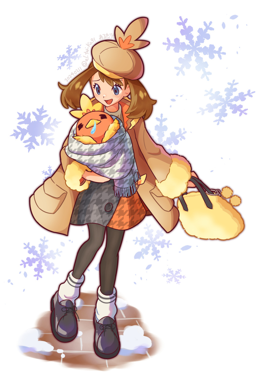 1girl :d alternate_costume arutarika_(ri_kaoekaki) bag brown_coat brown_headwear buttons coat commentary_request eyelashes fur-trimmed_coat fur_trim grey_eyes hat highres holding long_sleeves looking_down may_(pokemon) open_mouth pantyhose pokemon pokemon_(creature) pokemon_oras scarf shoes smile snowflakes socks standing torchic white_background white_socks