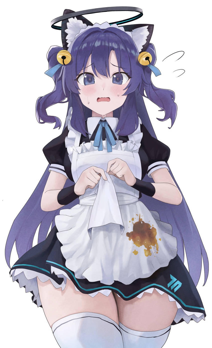 1girl absurdres alternate_costume animal_ear_fluff animal_ears apron bell black_shirt black_skirt black_wrist_cuffs blue_archive blue_ribbon blush cat_ears collared_shirt commentary cowboy_shot dezi double-parted_bangs enmaided fake_animal_ears flying_sweatdrops frilled_apron frilled_skirt frills frown hair_bell hair_between_eyes hair_intakes hair_ornament halo hands_up highres jingle_bell long_hair looking_at_viewer maid maid_apron maid_headdress mechanical_halo neck_ribbon open_mouth panicking puffy_short_sleeves puffy_sleeves purple_hair red_pupils ribbon shirt short_sleeves sidelocks simple_background skirt solo stain stained_clothes straight-on straight_hair sweatdrop thighs two_side_up very_long_hair violet_eyes wavy_mouth white_apron white_background wrist_cuffs yuuka_(blue_archive) zettai_ryouiki