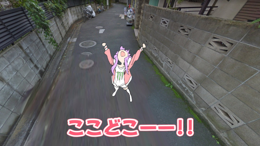 1girl anima_lyon arms_up check_translation commentary day double_bun from_above google_street_view hair_bun head_back highres indie_virtual_youtuber jacket long_hair long_sleeves monster_energy open_clothes open_jacket open_mouth outdoors photo_background pink_hair plant red_jacket road sadamoto_hokuto second-party_source shirt short_shorts shorts shouting sidelocks solo street subtitled thigh-highs translation_request urban vines white_shirt white_shorts white_thighhighs