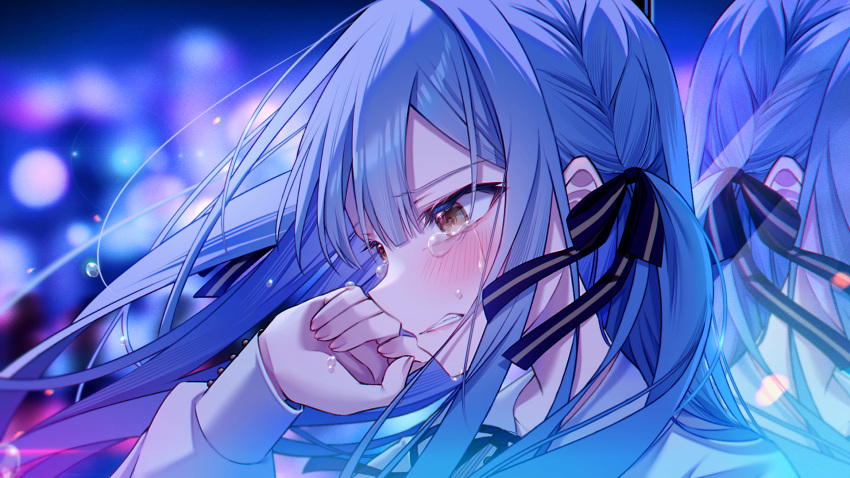 1girl bang_dream! bang_dream!_it's_mygo!!!!! black_ribbon blue_hair blurry blurry_background brown_eyes clenched_teeth commentary_request floating_hair guest_art hair_ribbon highres kuro_namako long_hair long_sleeves official_art reflection ribbon second-party_source sidelocks solo tears teeth togawa_sakiko two_side_up upper_body wiping_tears