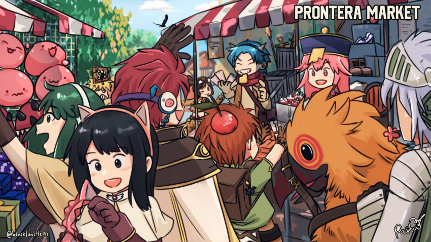 4girls 5boys acolyte_(ragnarok_online) anger_vein animal_ears apple apple_on_head armor backpack bag bird black_eyes black_hair black_lunette blonde_hair blue_hair boots box bread bread_slice brown_gloves brown_vest cape capelet cat_ears chainmail chasing closed_eyes closed_mouth commentary cone_horns day deviling english_commentary fake_animal_ears fake_horns flower_in_mouth food food_in_mouth fruit gauntlets gloves goggles goggles_on_head green_eyes green_hair green_shirt grey_hair grey_horns grin hairband hat headphones highres horns in-universe_location knight_(ragnarok_online) location_name long_hair looking_at_another mage_(ragnarok_online) market market_stall medium_bangs mouth_hold multiple_boys multiple_girls novice_(ragnarok_online) one_eye_closed open_mouth outdoors pauldrons peco_peco pink_eyes pink_hair pink_hairband poring potion qingdai_guanmao ragnarok_online red_apple redhead riding riding_bird road_sign shirt short_hair short_sleeves shoulder_armor sign slime_(creature) smile stop_sign sword thief_(ragnarok_online) toast toast_in_mouth upper_body vest visor_(armor) waving weapon white_cape white_capelet wizard_(ragnarok_online)