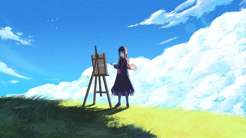 1girl bag black_dress blue_sky canvas_(object) clouds commentary dress easel full_body glasses gradient_hair grass handbag hat highres holding holding_paintbrush holding_palette hololive hololive_english ice_(10222) medium_dress multicolored_hair ninomae_ina'nis ninomae_ina'nis_(casual) official_alternate_costume orange_hair paintbrush painting_(action) palette_(object) purple_hair sky solo tentacle_hair virtual_youtuber