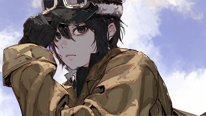 1girl absurdres androgynous black_eyes black_gloves black_hair black_headwear blue_sky brown_jacket closed_mouth clouds cloudy_sky commentary gloves goggles goggles_on_headwear hair_between_eyes hand_on_headwear highres jacket kino_(kino_no_tabi) kino_no_tabi light_frown long_sleeves looking_at_viewer portrait short_hair sky solo unrefle