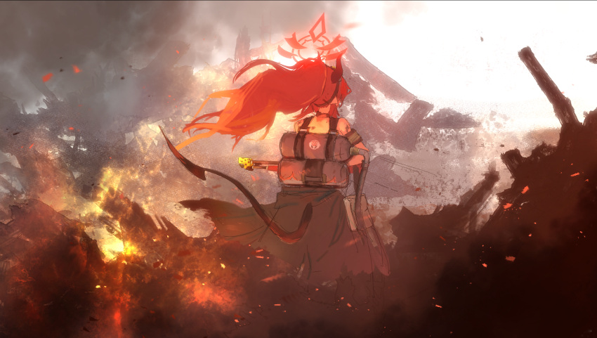 1girl bare_shoulders black_skirt blue_archive commentary demon_horns demon_tail fire flamethrower from_behind halo highres horns long_hair megu_(blue_archive) norio_(norio386) ponytail redhead rubble ruins skirt solo symbol-only_commentary tail traditional_media weapon