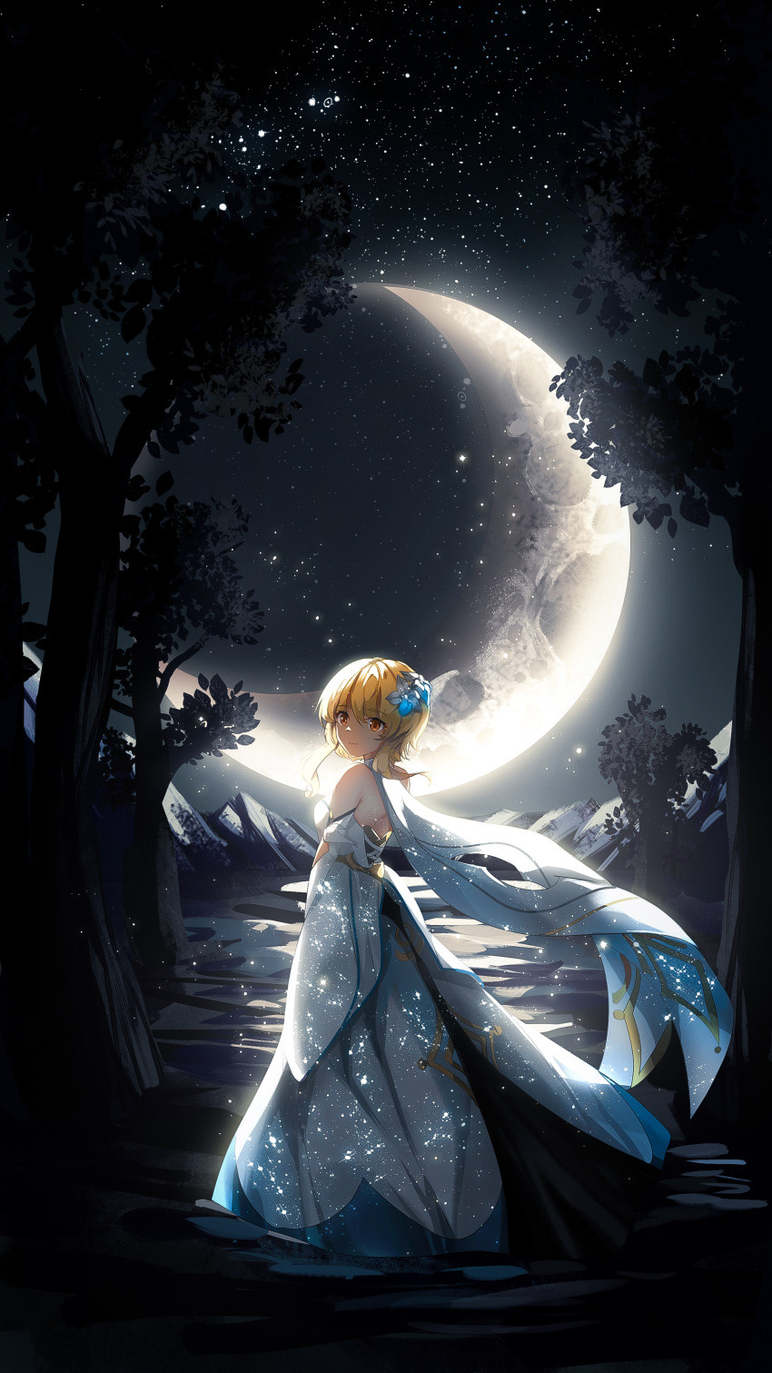 1girl absurdres bare_back bare_shoulders blonde_hair breasts cape closed_mouth commentary_request crescent_moon dathie96 detached_sleeves dress flower from_side full_body genshin_impact hair_flower hair_ornament highres long_dress looking_at_viewer lumine_(genshin_impact) medium_breasts moon nature night night_sky outdoors short_hair_with_long_locks sky solo standing star_(sky) starry_sky tree white_dress yellow_eyes