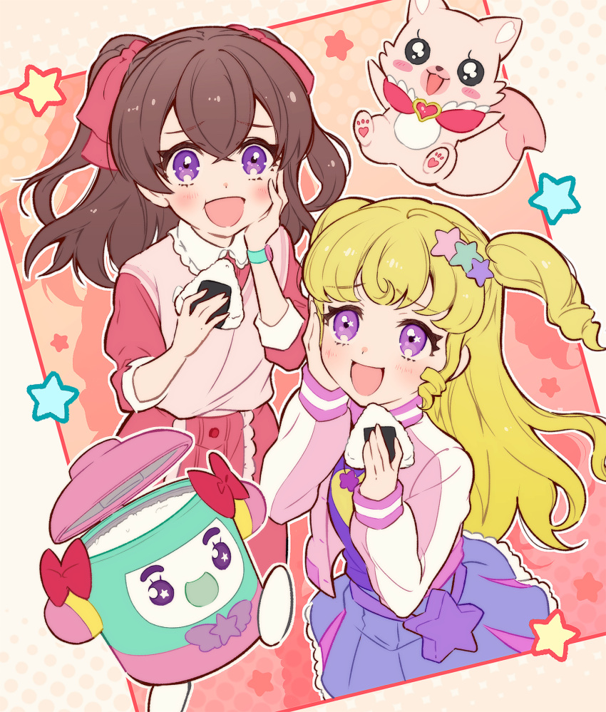 2girls :d blonde_hair bow brown_hair commentary_request cowboy_shot crossover delicious_party_precure food hair_bow hair_ornament hair_ribbon hand_on_own_cheek hand_on_own_face hands_up highres holding holding_food idol_time_pripara jacket kome-kome_(precure) long_hair long_sleeves looking_at_viewer multiple_girls nagomi_yui name_connection onigiri open_mouth pink_jacket pink_skirt pink_sweater_vest precure pretty_series pripara purple_shirt purple_skirt renkon_(renrenrenkonkon) ribbon rice rice_cooker ringlets shirt skirt smile standing star_(symbol) star_hair_ornament sweater_vest takki_(pripara) trait_connection two_side_up violet_eyes yumekawa_yui
