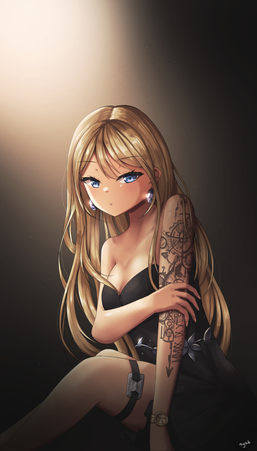 1girl absurdres arm_tattoo blonde_hair blue_eyes earrings highres hololive hololive_english jewelry looking_at_viewer nyab shoulder_tattoo tattoo virtual_youtuber watch watson_amelia