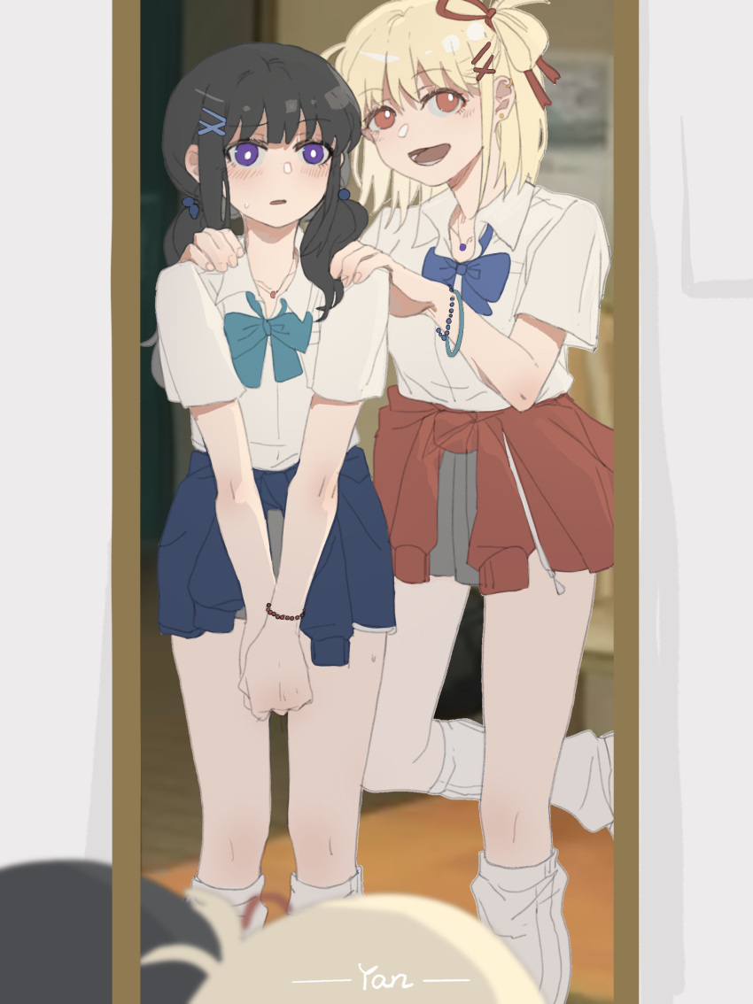 2girls absurdres black_hair blonde_hair blue_bow blue_bowtie blush bow bowtie bracelet bright_pupils chinese_commentary clothes_around_waist collared_shirt commentary_request ear_piercing grey_skirt gyaru hair_ornament hair_ribbon hairclip hands_on_another's_shoulders highres indoors inoue_takina jacket jacket_around_waist jewelry long_hair loose_socks lycoris_recoil mirror multiple_girls necklace nishikigi_chisato one_side_up open_mouth parted_lips piercing pleated_skirt red_eyes red_ribbon reflection ribbon school_uniform shirt short_sleeves skirt smile socks sweatdrop twintails violet_eyes white_pupils white_shirt white_socks yanlingjinshilihuahua