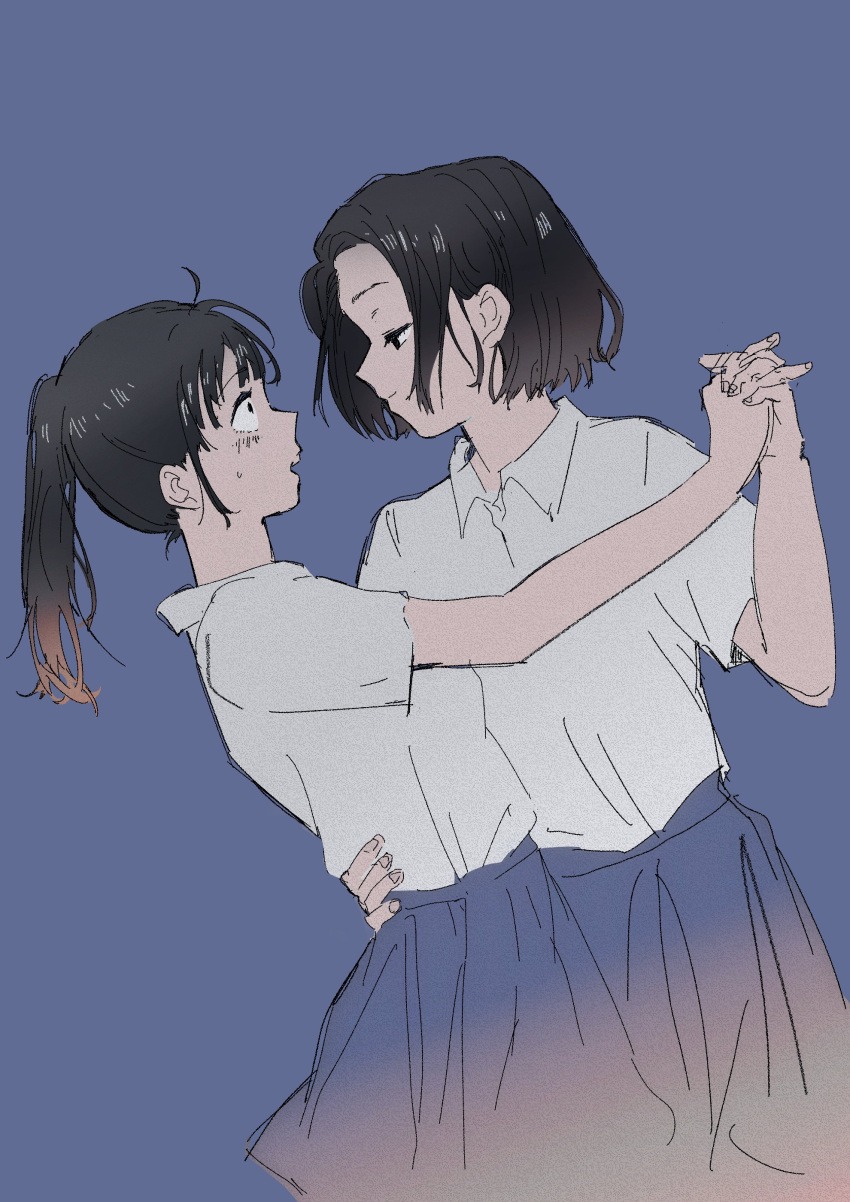 2girls absurdres ahoge black_eyes black_hair blue_background blue_skirt closed_mouth collared_shirt commentary dancing hand_on_another's_waist hashtag_only_commentary highres holding_hands interlocked_fingers long_hair multiple_girls nacl_022 open_mouth original pleated_skirt ponytail school_uniform shirt short_hair short_sleeves skirt sweatdrop white_shirt yuri