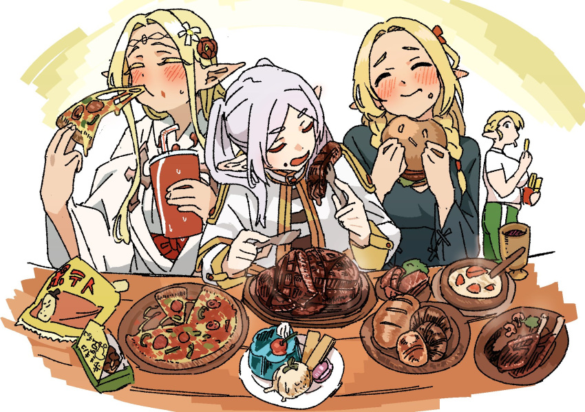 4girls biting black_shirt blonde_hair blush braid bread breasts burger chewing chips_(food) closed_eyes commentary condensation cup dessert drink drinking_straw dungeon_meshi ear_blush eating edomae_elf eldali_ilma_fanomenel elf elf-san_wa_yaserarenai. erufuda-san flower food food_on_face fork french_fries frieren gelatin grey_hair gym_uniform hair_flower hair_ornament hair_ribbon highres holding holding_burger holding_cup holding_food holding_fork holding_knife holding_pizza holding_utensil ice_cream kitchen_knife knife large_breasts long_hair long_sleeves macaron marcille_donato momo_no_suidou-sui multiple_girls parted_bangs pizza pizza_slice plate pointy_ears potato_chips red_ribbon ribbon robe shirt short_hair short_sleeves smile soup sousou_no_frieren steak sweatdrop table twin_braids twintails white_background white_robe white_shirt wide_sleeves